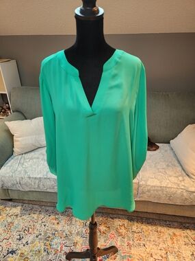 Chaus Womens Green Split-Neck Blouse 3/4 Sleeves Large